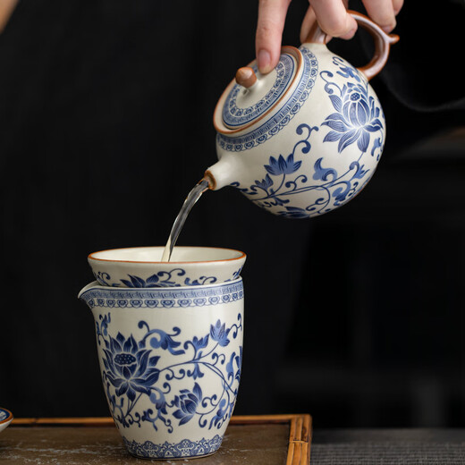 MEOD light luxury high-end Ru kiln blue and white tea set set for home tea brewing equipment Kung Fu tea cup cover bowl gift box 9272 Ru kiln teapot + cover bowl Jiangshan-Traditional/Box Pack