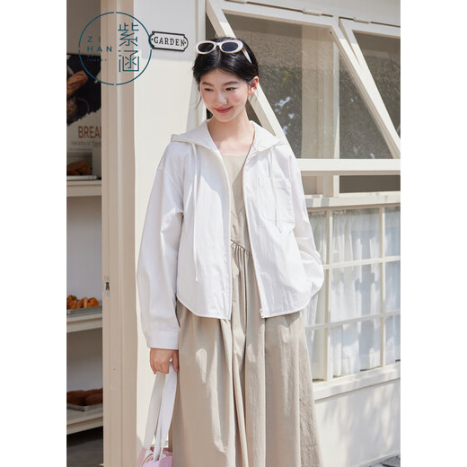 紫涵（ZIHAN）紫涵连帽宽松外套女2025年秋季新款简约韩系通勤风松弛感拉链上衣 白色 S