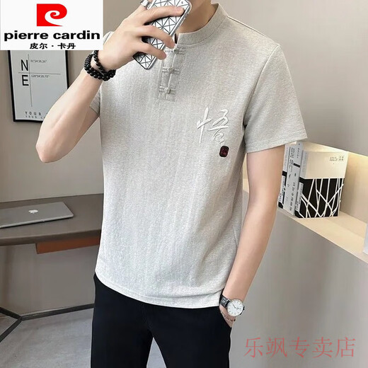 
Pierre cardin Chinese style linen men's short-sleeved T-shirt for summer breathable embroidered stand collar Chinese retro cotton linen half-sleeved T-shirt T 9855 Army Green M