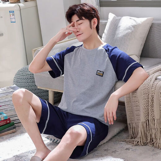 Mu Fengqing pajamas for men in summer cotton thin short sleeves plus fat plus size casual can wear men's youth home clothing suit 9928 [H series men's short-sleeved shorts suit] XL [Suggested 130-150Jin [Jin equals 0.5 kg]]
