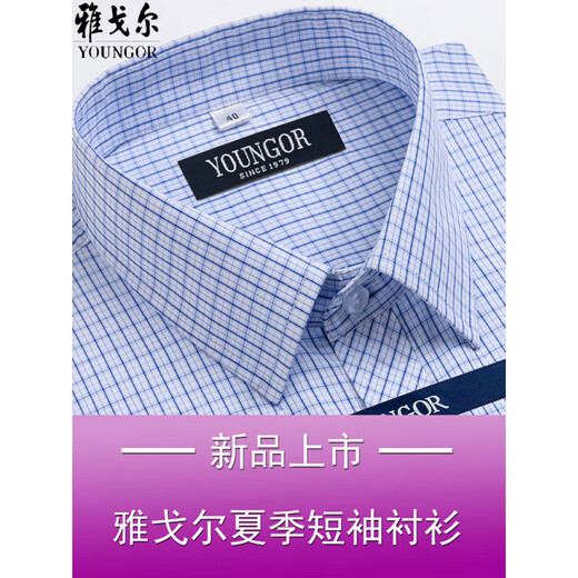 雅戈尔旗舰官方店男士短袖衬衫夏季纯棉免烫中年休闲商务职业正装格子衬 蓝色DX6636京东快递 42