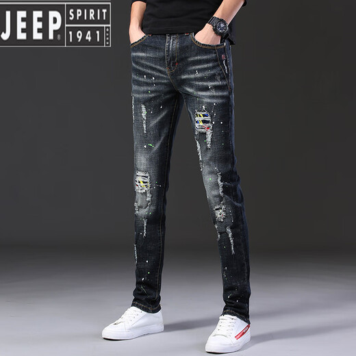 JEEP SPIRIT summer thin ripped jeans for men handsome trendy brand stretch 2025 new slim fit small feet trendy trousers for men 687 black 28