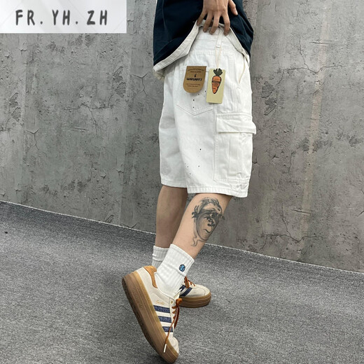 FR.YH.ZH尹小鸡 重磅水洗宽松工装大口袋白色竹节牛仔短裤五分裤男女 1049 白色 M (95-125斤)