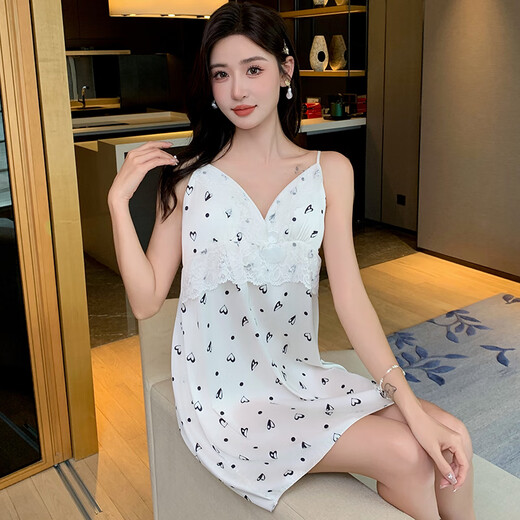Langsha Bing Seiden sexy Schlinge Nachtkleid Pure Desire Frauen Sommer Dünner Stil Spitzen -Pyjamas mit Brustpolster 11965 mit Brustpolster m