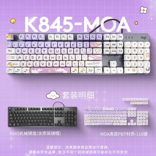 罗技（Logitech）K845机械键盘背光有线键盘 游戏电竞键盘 茶青红轴键盘DIY键帽 办公游戏键鼠套装 全尺寸104键盘 K845-紫色渐变兔键帽 红轴