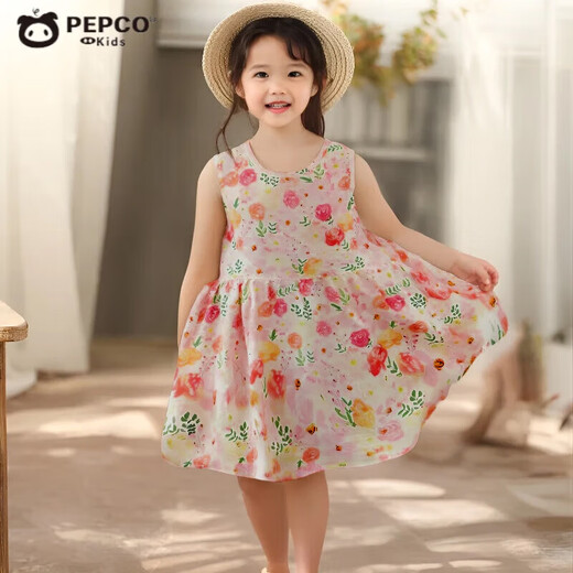 
Pig Banner girl summer thin dress for children's bubble cotton loose sleeveless vest skirt baby floral casual long skirt flower foundation 130 cm