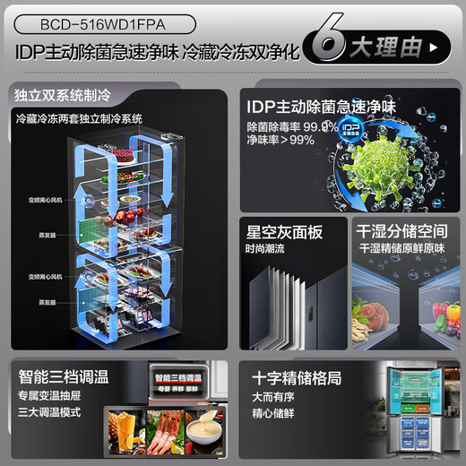 Ronshen double purification 516 liter cross four-door first-level frequency conversion active sterilization refrigerator household BCD-516WD1FPA quality tail goods starry sky gray dual system 516 liters BCD-516WD1F1