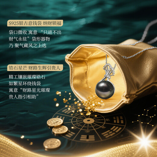 Meluxe Mina Black Pearl Money Bag Tahitian Black Pearl Necklace Seawater Pearl Pendant Birthday Gift for Wife Black Series 10-10.5mm