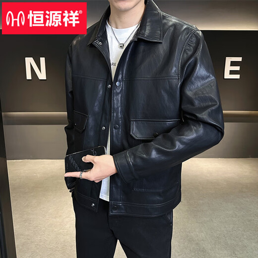Hengyuanxiang men's leather jacket spring 2026 new American trendy brand casual lapel men's pilot motorcycle leather jacket coffee color 2XL