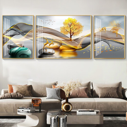 现代简约客厅装饰画沙发背景墙壁画大气轻奢三联画挂画镶钻晶瓷 HJ-3893-一帆风顺 两边40*60中间80*60尊贵黑框镶