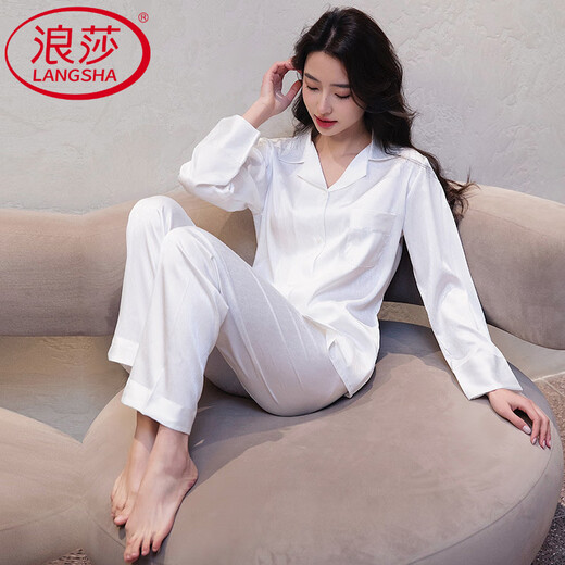 浪莎（LangSha）轻奢睡衣女春秋款开春高端冰丝感人字纹洋气长袖长裤真家居服 6623白色 M