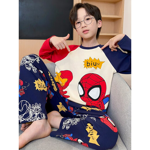奥特曼蜘蛛侠儿童睡衣男童春秋2025新款纯棉长袖薄款男孩大童亲子家居服 热售QD圆领长袖-66578蜡笔小新 120 10#高105-115CM重35-45斤