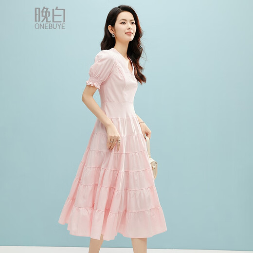 晚白2025年夏款时尚休闲裙子气质亲肤全棉收腰短袖连衣裙 粉色 M