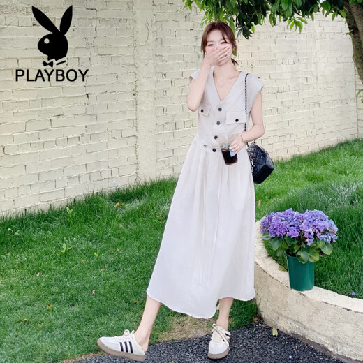 
Playboy (PLAYBOY) white beautiful temperament big heroine dress for women 2025 summer new waist-hugging sleeveless shirt skirt white L