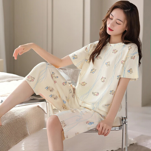 ZHIDOUDOU pajamas for women in summer 2025 new short-sleeved cropped pants set for spring and summer thin women can short-sleeved cropped pants-679 M Recommended 80-100Jin [Jin equals 0.5 kg]