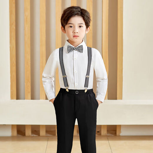 He Jiagong birthday children's suit suit little host flower girl boy British suit boy dress jacket piano white long sleeves black trousers striped suspenders bird plaid collar 110