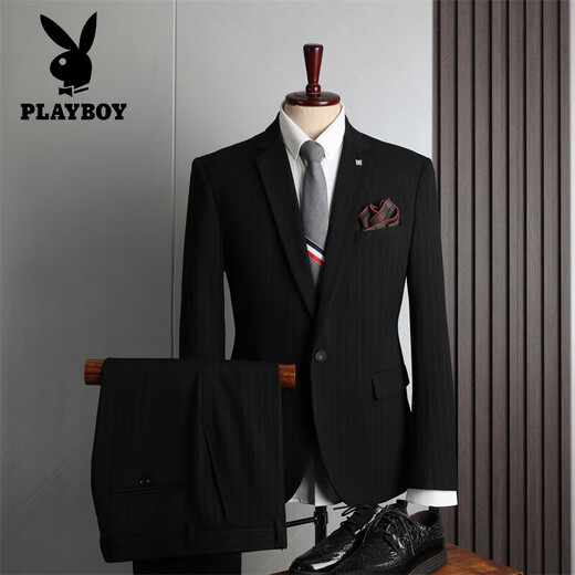 Playboy (PLAYBOY) light luxury high-end striped suit suit men's high-end business casual suit three-piece groom's wedding dress navy blue (suit + vest + pants) XL 52