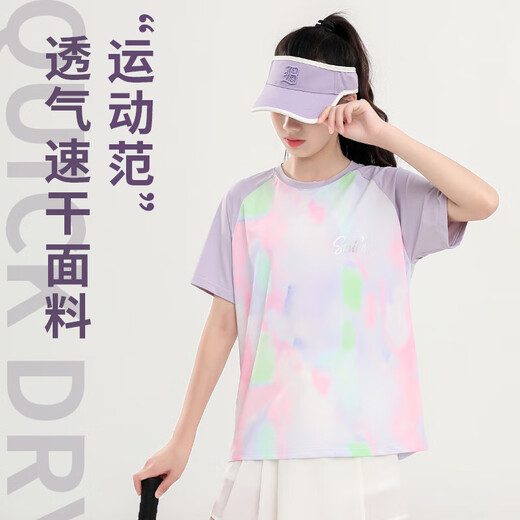 Balabala children's quick-drying sports suit for girls summer short-sleeved 2025 new shorts running suit quick-drying clothes big children's summer suit 9889 white + 18410 purple 160 cm