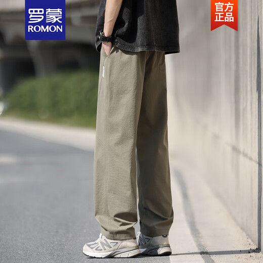 罗蒙（ROMON）男士裤子夏季薄款美式直筒冰丝裤男生军绿色凉感透气休闲长裤 灰色6636 L