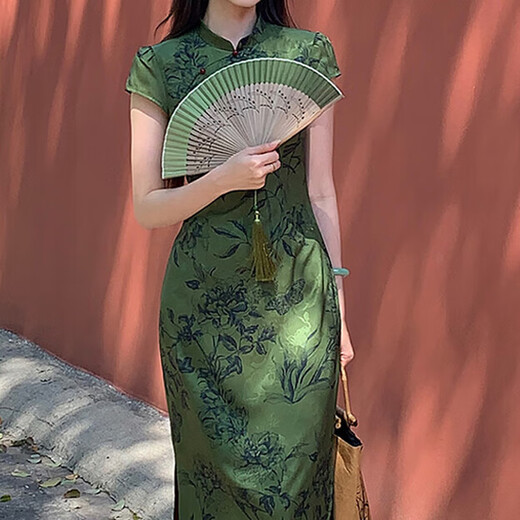 Yudingfu cheongsam Chinese style summer new Chinese style women's dress waist mid-length engagement toast dress mom green bottom printed half-sleeved cheongsam M 100-110Jin Jin is equal to 0.5 kg