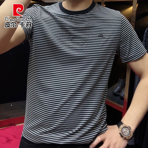 
Pier Cardin summer 2025 round neck striped short-sleeved men's T-shirt casual half-sleeved slim base shirt sports T-shirt trend 9901 black M suggests 90-115Jin [Jin equals 0.5 kg]