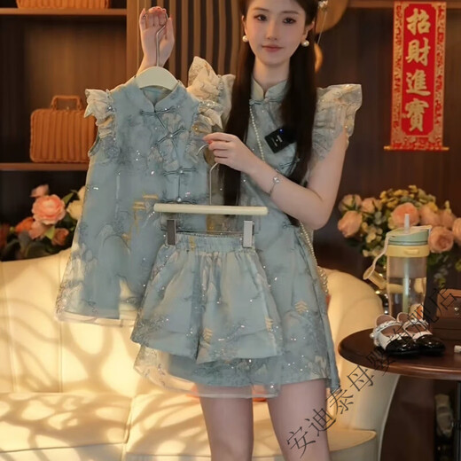 Andy Tai New Chinese Style Parent-Child Wear Cheongsam Skirt Chinese Style Hanfu Retro Embroidered Pantop Top Mother Daughter Suit Green 165 Mom Skirt S (Suitable for 80Jin Jin equals 0.5kg -100Jin Jin equals 0.5kg)