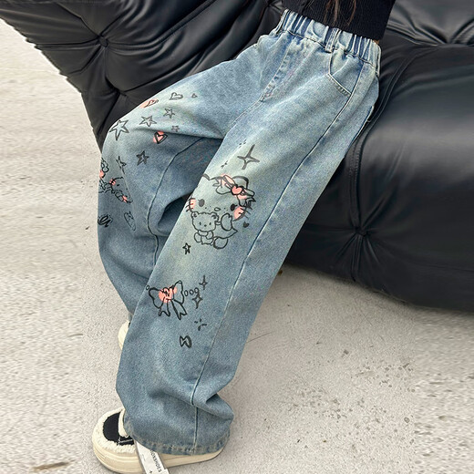 
MOKITOUL girls jeans spring 2025 new straight-leg pants children fashionable and fashionable big children Korean version pants internet celebrity street print jeans cm4 160