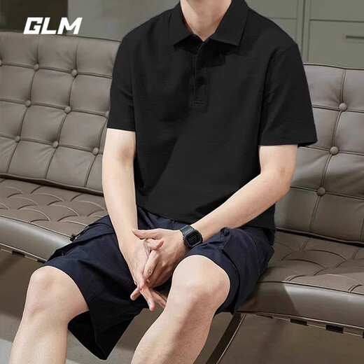 GLM短袖t恤男透气夏季翻领polo衫速干T恤冰丝感休闲运动上衣黑色2XL