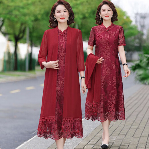 酷章（KUZHANG）喜婆婆婚宴套装妈妈春夏秋连衣裙高贵旗袍裙子新款结婚礼服两件套 9277绿色 两件套连衣裙 M 80-95斤