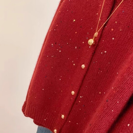 Gentle atmosphere sequin round neck sweater cardigan for women spring and autumn zodiac new year retro red soft waxy knitted jacket 1581 red