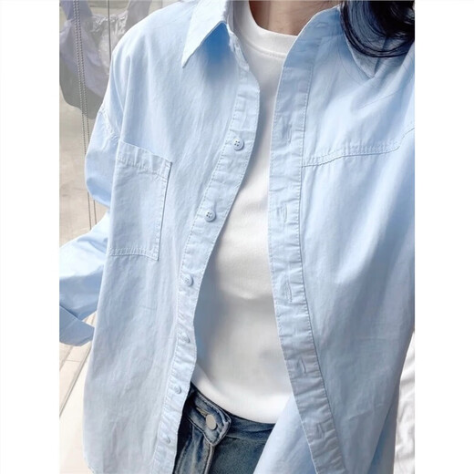 Versatile 2026 Autumn New White Light Blue Cotton Shirt Women's Top Long Sleeve Loose Slim Shirt Light Blue (No Pockets 100% Cotton High Quality Surface S Recommended 80-100 Jin Jin equals 0.5 kg to wear