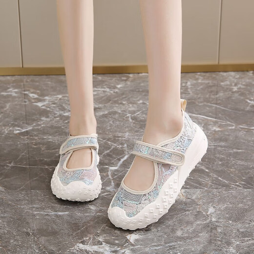 Women's shoes 2025 summer new breathable and lightweight Mary Jane Velcro one foot thick sole anti-slip slow step mother's shoes YGNX-677 blue 35