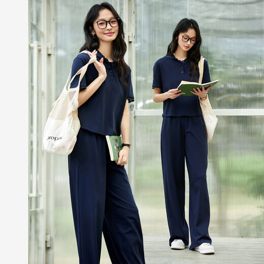 梵希蔓藏青色休闲通勤运动套装女2025夏新款连帽上衣阔腿裤两件套 A1579 藏青色 S