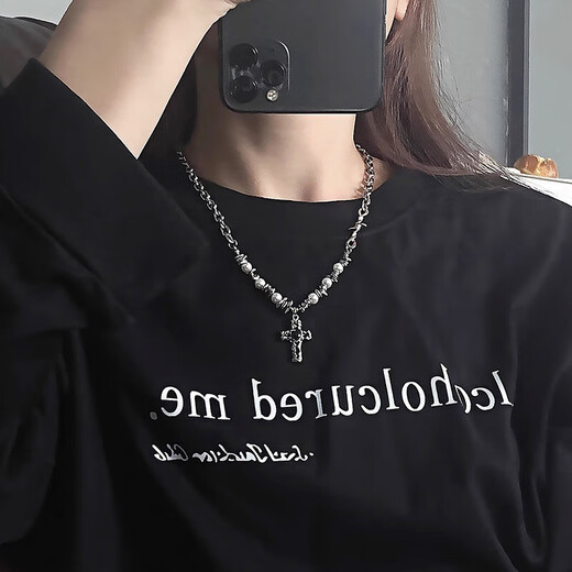 Love Flame Cross Pearl Necklace Titanium Steel Sweater Chain Unisex Punk Style Clavicle Chain with Gift Box Love Cross Titanium Steel Chain with Gift Box Packaging