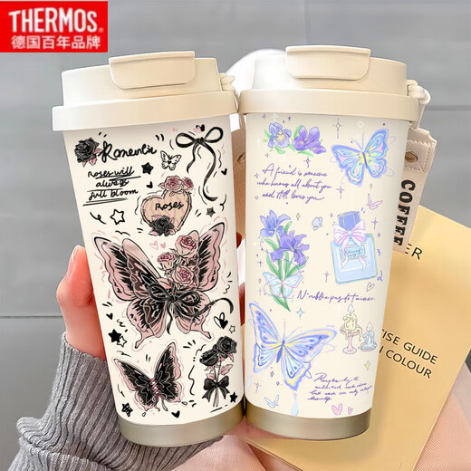 
THERMOS Simple Butterfly Thermos (THERMOS) Stainless Steel Portable Double Drinking Coffee Cup 2025 New Women's Straw Water Cup High-Precision BW1049 Dark Pink Butterfly A+ with Lanyard