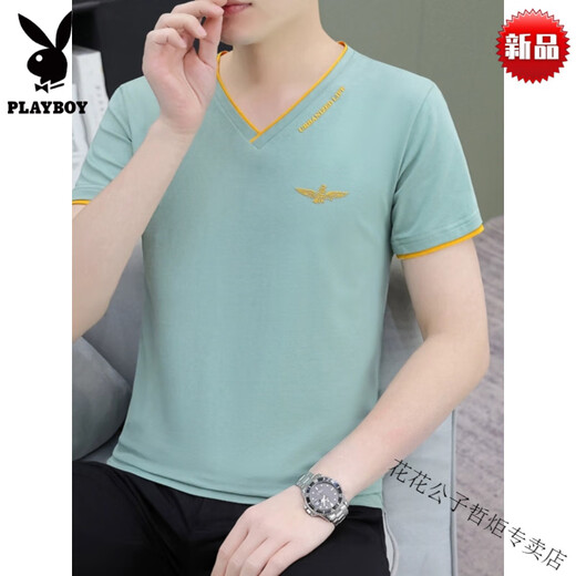 Playboy (Playboy) Al año durante todo el año, de alta calidad, de alta calidad, seda de seda fría, cuello de collar de pollo con cuello en V de algodón puro de algodón corto de algodón corto, camiseta de base de hombres de alta gama, de alta gama, marca de alto nivel, 691, estampado en estampado de gama alta m sin píldora y sin color caída