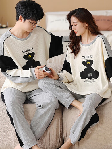 Manzhiban Паджама Весна и осень Pure Pult Cotton Long Elice Lose Plus размером домашняя одежда Мужчины и женщины тонкий хлопок Set Hmf7374# Pure Cotton Pare Set Women: M