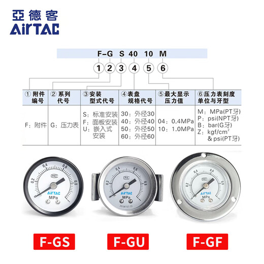 亚德客 AIRTAC   压力表F-GS F-GU F-GF F-GP F-GU5010【嵌入式安装/1.0MPa】