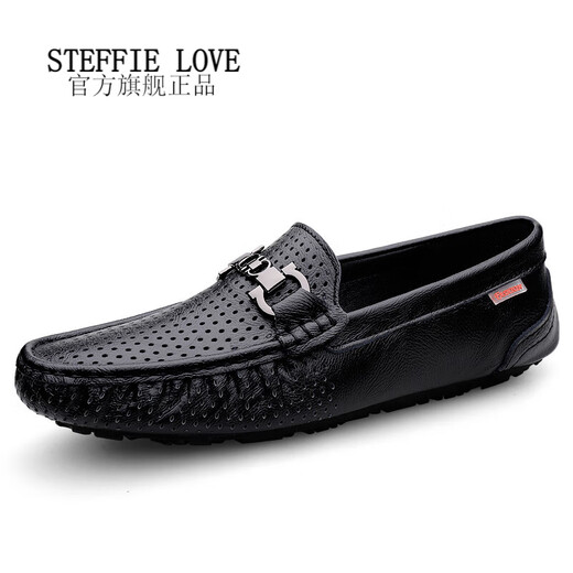STEFFIE LOVE男鞋镂空豆豆鞋真皮男士2025夏季新款透气软皮软底一脚蹬休闲皮鞋 9905黑色 38