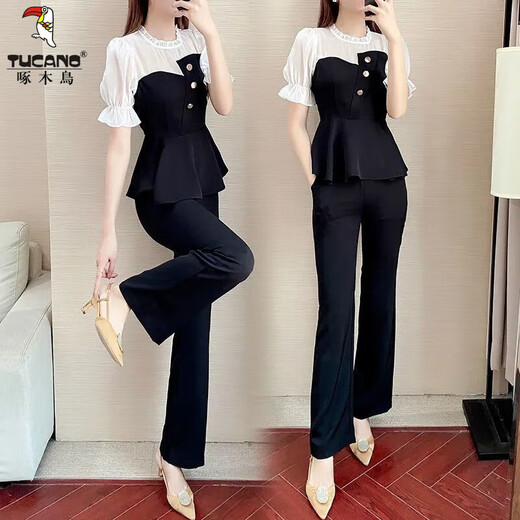 
Woodpecker 2025 new summer suit age-reducing chiffon splicing two-piece fashion celebrity temperament goddess style professional suit women fashion black top + pants two-piece set [short/sleeved] S S suggested 80-95Jin [Jin equals 0.5 kg]