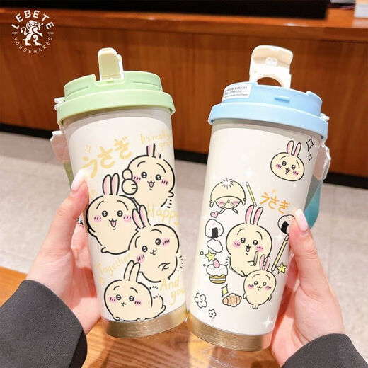 乌萨奇水杯保温杯乌萨奇保温杯学生女款带吸管大容量车载水杯 BXAB10975吉伊咔哇 520ML配挂绳蓝白色彩绘打印