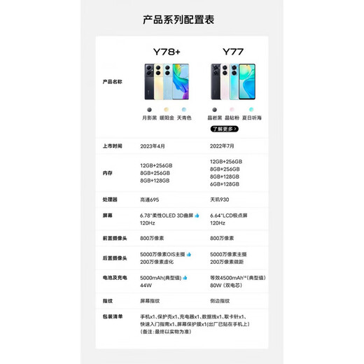 vivoY78+骁龙695处理器6.78英寸120hz刷新率5000万像素5000mAh44W 天青色 套餐一12GB+256GB