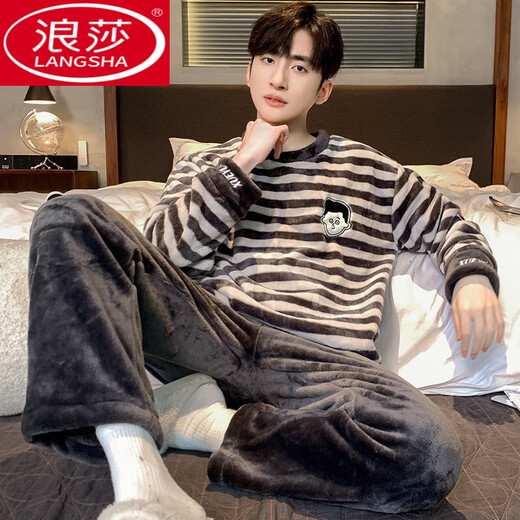 LangSha Coral Velvet Pajamas for men autumn and winter style plus velvet thickened warm set flannel men autumn home clothes K3889 L