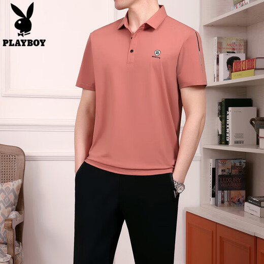 花花公子（PLAYBOY OUTDOOR）冰丝t恤男士套装夏季薄款休闲男装运动服中年短袖男父亲节爸爸装 755橘红 3XL建议160斤---180斤T恤+裤子