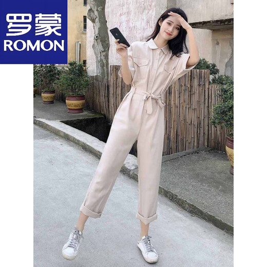 罗蒙（ROMON）时尚短袖工装连体裤女2025夏季新款小个子休闲宽松阔腿直筒连衣裤 浅杏色 S 80-95斤