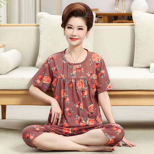 Hengyuanxiang 20 Nouveau style de mères d'âge moyen et âgées pyrons de pyjamas féminins en coton pur pour les vêtements de maison en vrac entièrement à manches courtes pantalons recadrés.