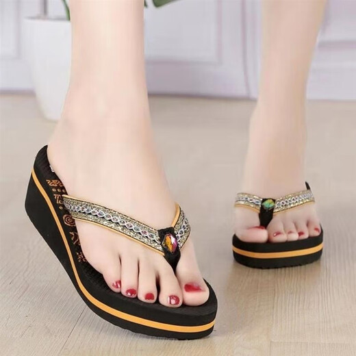 Huilijun Vietnamese flip-flops for women in summer fashion, outside wear heels wearable, anti-slip bottom beach people V-flops for women, women purple 1389 heel 6 cm high 36 standard size inner length 23 cm