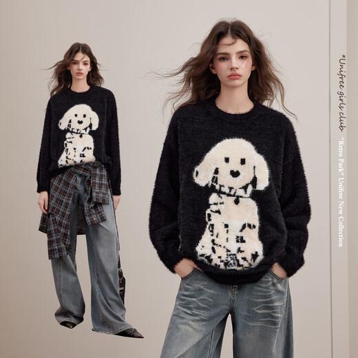 UNIFREE 25th Autumn Style Lazy Style Contrast Color Dog Pattern Vibrant Age-Reducing Loose Pullover Sweater Black One Size