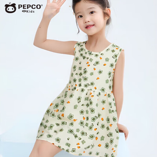 
Pig Banner girl summer thin dress for children's bubble cotton loose sleeveless vest skirt baby floral casual long skirt flower foundation 130 cm