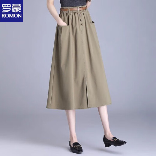 罗蒙（ROMON）卡其色美式工装半身裙女2025夏季休闲伞裙宽松薄款显瘦a字裙子 卡其色 【送腰带】 M 【建议90-105斤】